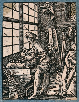 A sculptor who carves statues from wood, stone and crystal, in his workshop. Woodcut by J. Amman.