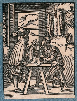 A man is working at a table making chain-mail, greaves and other defensive armour; another man inspects a product. Woodcut by J. Amman.
