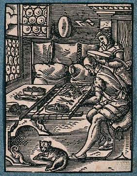 Brocade-makers embroidering a fabric with gold silk and precious stones. Woodcut by J. Amman.