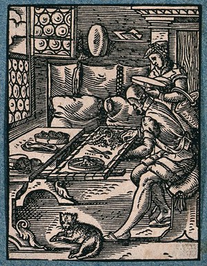 view Brocade-makers embroidering a fabric with gold silk and precious stones. Woodcut by J. Amman.