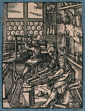 Two bookbinders at work: one is sewing the quires of a volume with thread, while the other is tightening a volume in a nipping press. Woodcut by J. Amman.