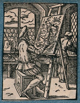 An painter at an easel in his studio, painting a picture of Abraham and Isaac. Woodcut by J. Amman, 1568.