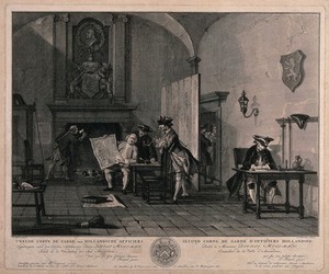 view A guardroom: an officer holds up a map to show to a man smoking a long pipe, another man sits at a writing desk, others talk in the doorway. Engraving by J. Houbraken after C. Troost.