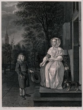 A boy is holding out his hat to a woman who is putting a coin into it. Engraving by Moigneret after G. Metsu.