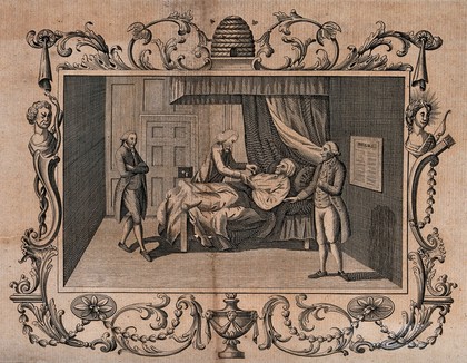 A sick man in a bed, receiving support from members of his friendly society. Engraving and letterpress, 1800.