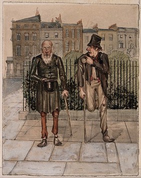 A blind man is begging with a hat in his hand and another is one-legged supported by a crutch. Watercolour.