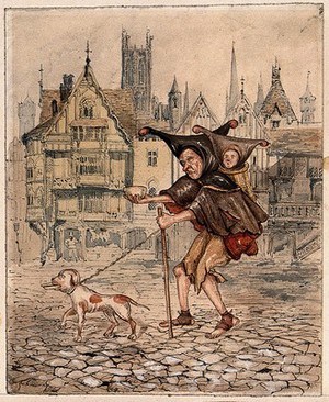 view A blind man holding out a begging bowl and supported by a stick is carrying a small child in a basket on his back. Watercolour.