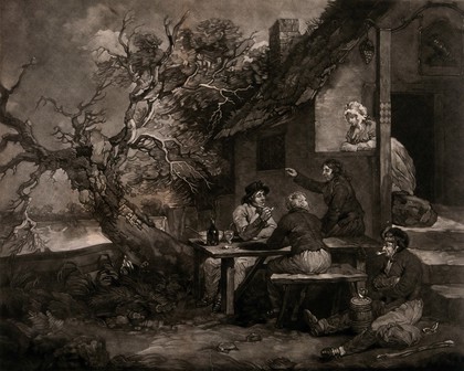 Men sitting at a table in a garden outside a tavern, smoking and drinking as a young woman joins in the conversation. Mezzotint by William Ward, 1802, after George Morland.