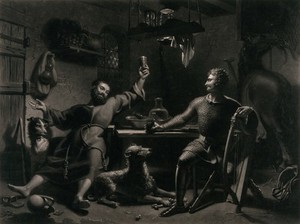 view Two men seated at a table, drinking: one has his glass raised, and the other is joining in the toast. Mezzotint by W. Say after H. Fradelle.