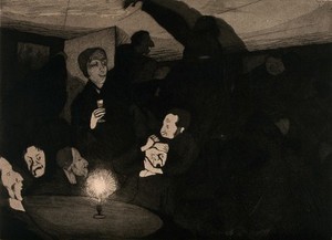 view People gathered around a candle-lit table; one man, held by another appears terrified, one person holds a glass, and a large figure looms in the background. Aquatint. by K. Hofer, 1899.