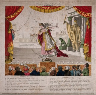Angelica Catalani as Semiramis in the opera "La morte di Semiramide". Coloured engraving, 1818.