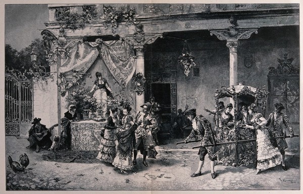 The carnival in Rome (?): an old man is playing the guitar and young women are gathered around a sedan chair carrying a man. Wood engraving after L. Alvarez Catalá.