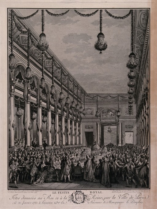A grand room is the setting for a royal banquet given by the City f Paris to celebrate the birth of the Dauphin. Engraving by J.M. Moreau after P.L. Moreau.