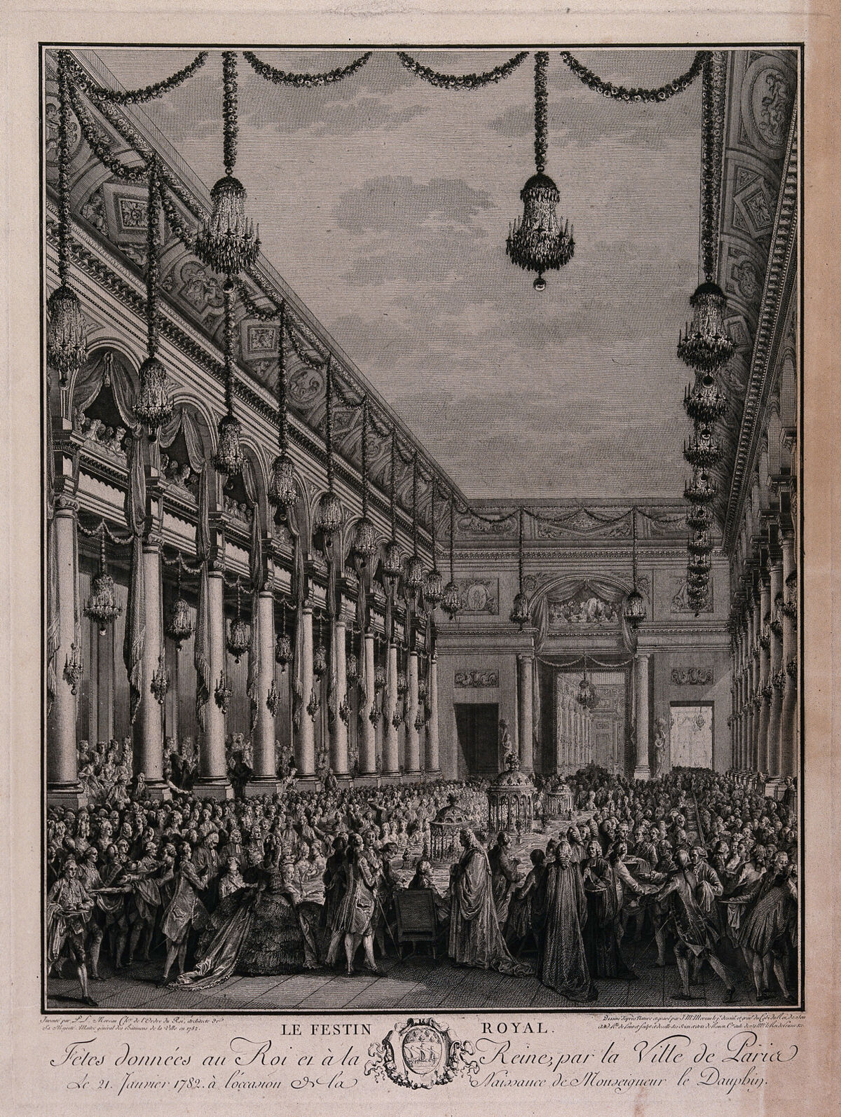 A royal banquet given by the City of Paris for King Louis XVI and Marie Antoinette to celebrate the birth of their son, the Dauphin. Engraving by J.M. Moreau after P.L. Moreau., 1782, by Pierre-Louis Moreau-Desproux