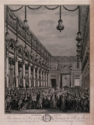 A royal banquet given by the City of Paris for King Louis XVI and Marie Antoinette to celebrate the birth of their son, the Dauphin. Engraving by J.M. Moreau after P.L. Moreau.