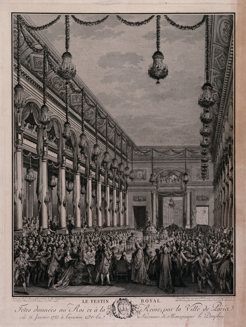 A royal banquet given by the City of Paris for King Louis XVI and Marie Antoinette to celebrate the birth of their son, the Dauphin. Engraving by J.M. Moreau after P.L. Moreau., 1782, by Pierre-Louis Moreau-Desproux