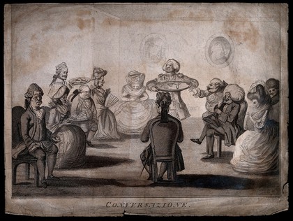 A discussion group attended by glum, ugly, and bored people. Stipple engraving after H.W. Bunbury, 1782.