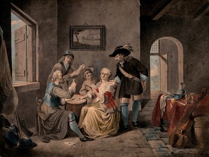 A family playing a game of cards on a drum; one man is wearing part of a suit of armour, the other, a wide-brimmed hat with feathers in it. Gouache.