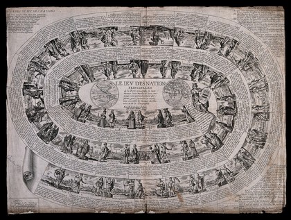 The game of goose applied to the countries of the world. Engraving by Antoine de Fer after Louis Richer.