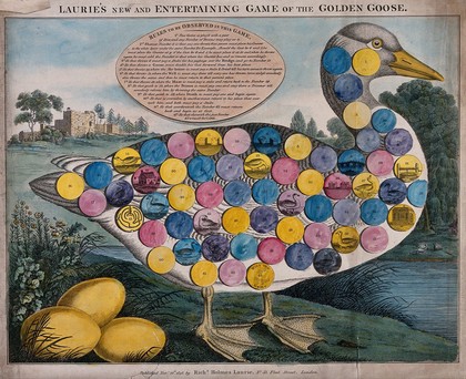 A large goose, with three golden eggs: numbered circles printed on the body of the goose for playing the game of goose. Coloured engraving.