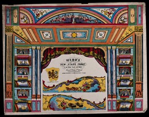 view A proscenium to be used in a toy theatre: stage front with surrounding boxes for the audience. Coloured lithograph, 18--.