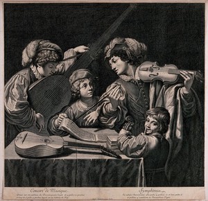 view A group of musicians playing their instruments, one man is pointing to the music with the bow of his violin. Engraving by E. Picart after D. Zampieri, il Domenichino.