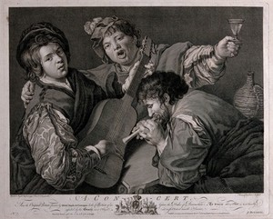 view A concert: one man is playing a stringed instrument, another a small pipe and a third is singing and holding a glass of wine. Engraving by Thomas Chambars after E. Edwards after Valentin de Boulogne.