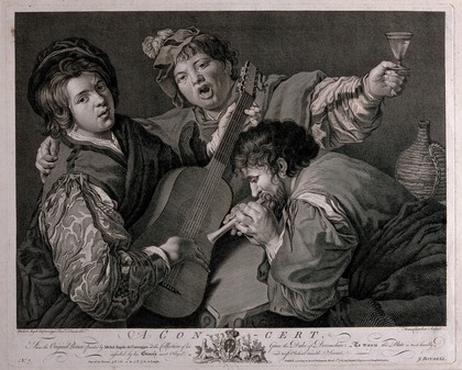 A concert: one man is playing a stringed instrument, another a small pipe and a third is singing and holding a glass of wine. Engraving by Thomas Chambars after E. Edwards after Valentin de Boulogne.