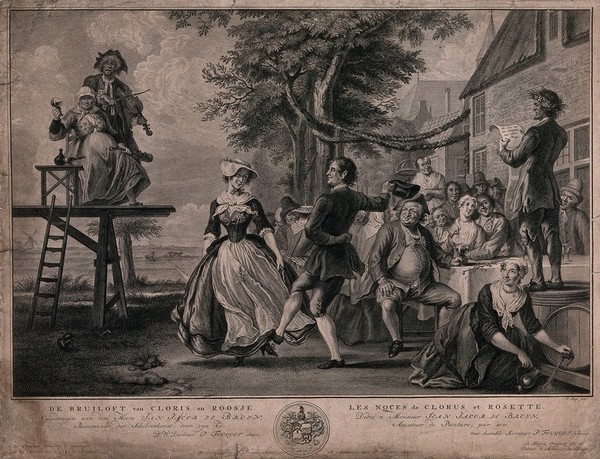 The wedding of Kloris and Roosje: a couple dance to the music of a fiddler, other people sit at a table eating and drinking. Engraving by P. Tanjé after C. Troost, 1734.