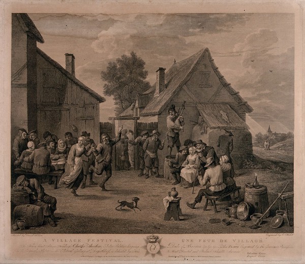 People are dancing to the music of the bagpipes and eating and drinking in the streets of the village. Engraving by E. Thelot after David Teniers.