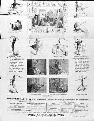 Men and women performing various exercises using the system of opposing forces devised by J.L. Pichery. Wood engravings, 18--.