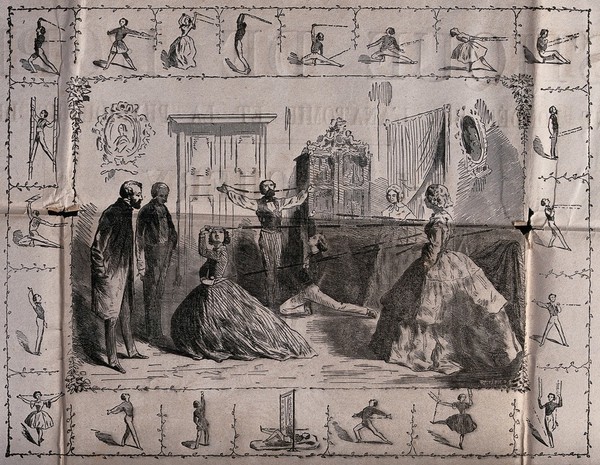 Men and women performing various exercises using the system of opposing forces devised by J.L. Pichery. Wood engravings, 18--.