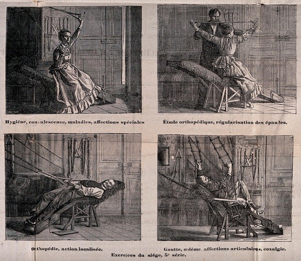 Men and women performing various exercises using the system of opposing forces devised by J.L. Pichery. Wood engravings, 18--.
