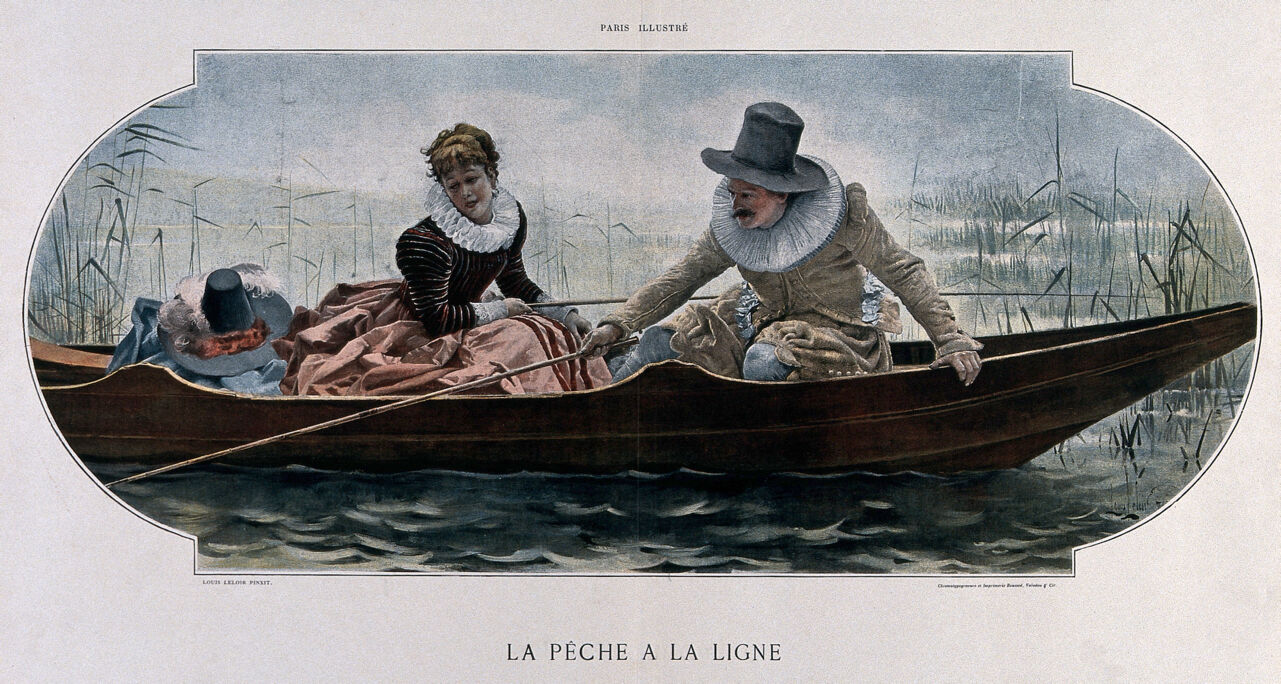 A young couple in sixteenth-century costume are sitting in a boat on the water, the man has a fishing rod in his hand. Chromotypograph after Louis Leloir., by Alexander Louis Leloir
