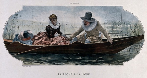 A young couple in sixteenth-century costume are sitting in a boat on the water, the man has a fishing rod in his hand. Chromotypograph after Louis Leloir.