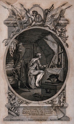 view A man is sitting in front of a mirror combing his hair. Engraving by C. Warren, after E.F. Burney.