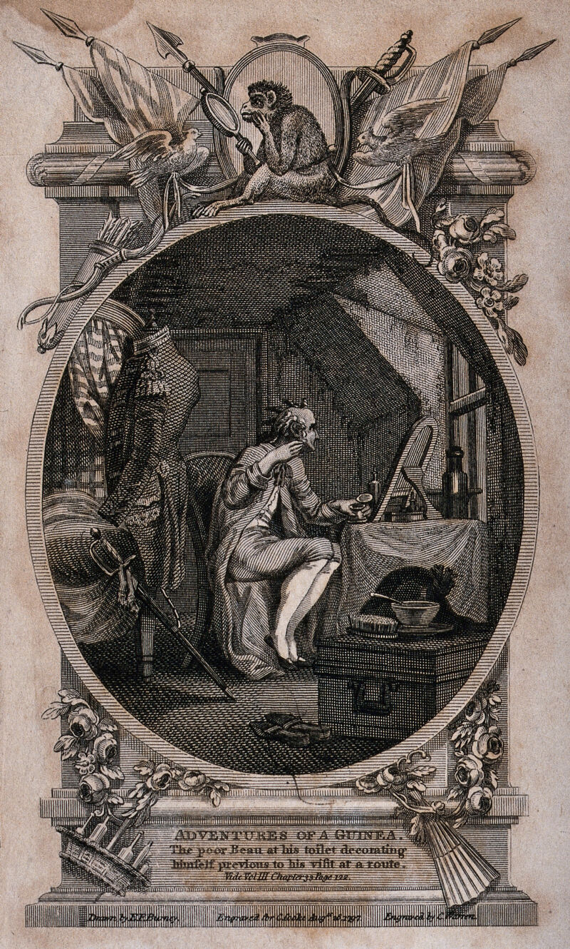 A man is sitting in front of a mirror combing his hair. Engraving by C. Warren, after E.F. Burney., Augst. 26 1797, by Edward Francis Burney