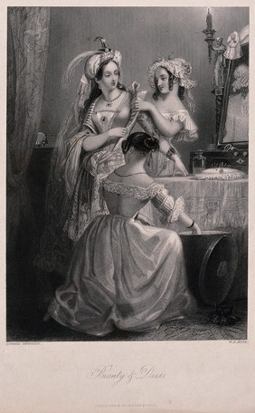 Three young women are dressing in ornate clothes in front of a dressing table. Engraving by W.H. Mote after Edward Corbould.