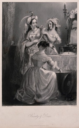 view Three young women are dressing in ornate clothes in front of a dressing table. Engraving by W.H. Mote after Edward Corbould.