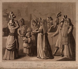 view Young women are trying on hats and looking at fans in a milliner's shop. Aquatint by C. Watson after M. Cosway.