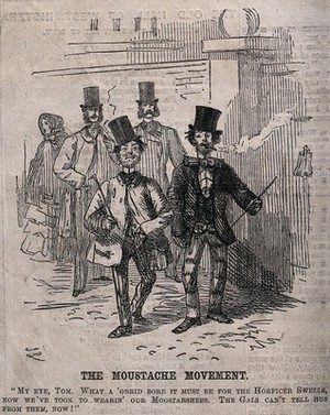 view Two working-class men wearing top hats and moustaches, imitating the fashions of the upper classes, rejoice in their new-found equality in fashion. Wood engraving after John Leech, 1854.