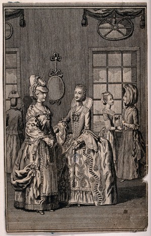 view Women in fashionable dress talk to one another in an interior. Engraving.