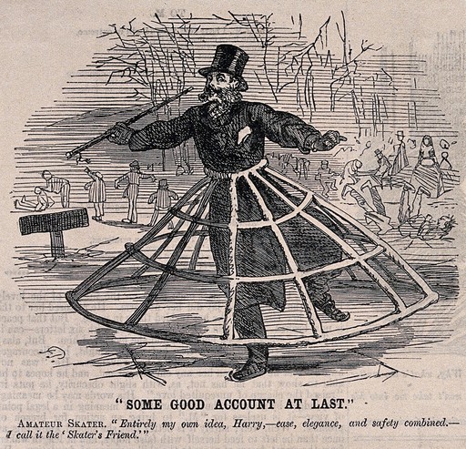 A man is skating on a frozen lake with a large cage around his waist down to the ground. Wood engraving.