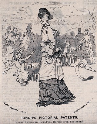 A woman roller-skating has springs attached to her front and back for protection as all others are falling over on the ice. Wood engraving, 18--.