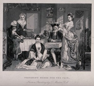 view The family of the vicar of Wakefield is eating at a table as the two daughters dress their brother for the fair. Engraving after D. Maclise.