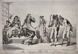 view Men and woman in fashionable dress sit and stand around as boys polish the men's boots. Etching, 1801.