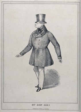 A large man posing wearing a fitted coat and a top hat. Lithograph by MHM (?).