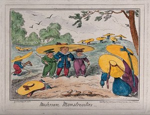 view Young children wearing enormously wide-brimmed hats as they play in the fields. Coloured etching by George Cruikshank.