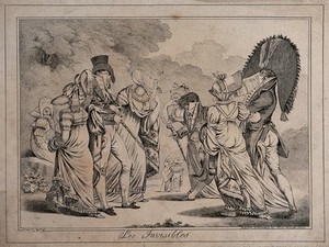 view Fashionable men and women promenading with their faces obscured by large collars and headwear. Etching by William Brocas.