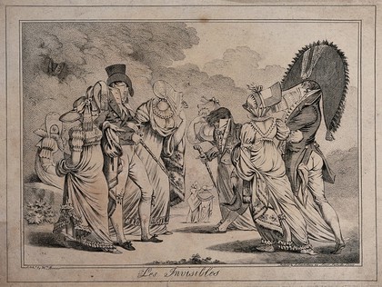 Fashionable men and women promenading with their faces obscured by large collars and headwear. Etching by William Brocas.